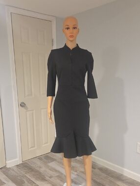 VfEmage Black Long-Sleeve Fitted Midi Dress with Flounced Hem